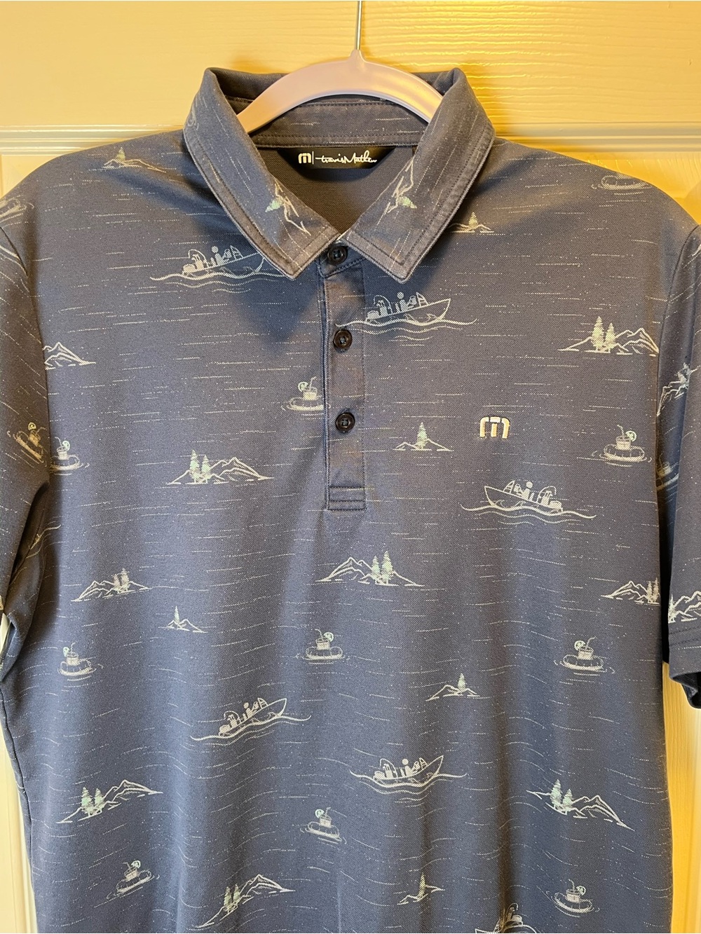 TRAVIS MATHEW Boats Mountains Trees Print Polo Shirt